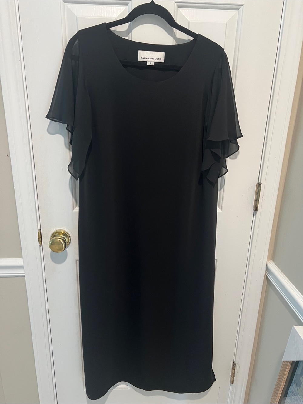 Caroline Roae Black Midi Dress with Sheer Flutter Sleeves/Side Slits at hem